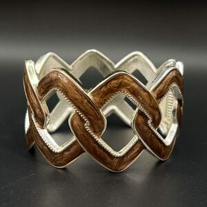 Vintage Brown Enamel Silver Tone Interlocking Geometric Cuff Bracelet Boho